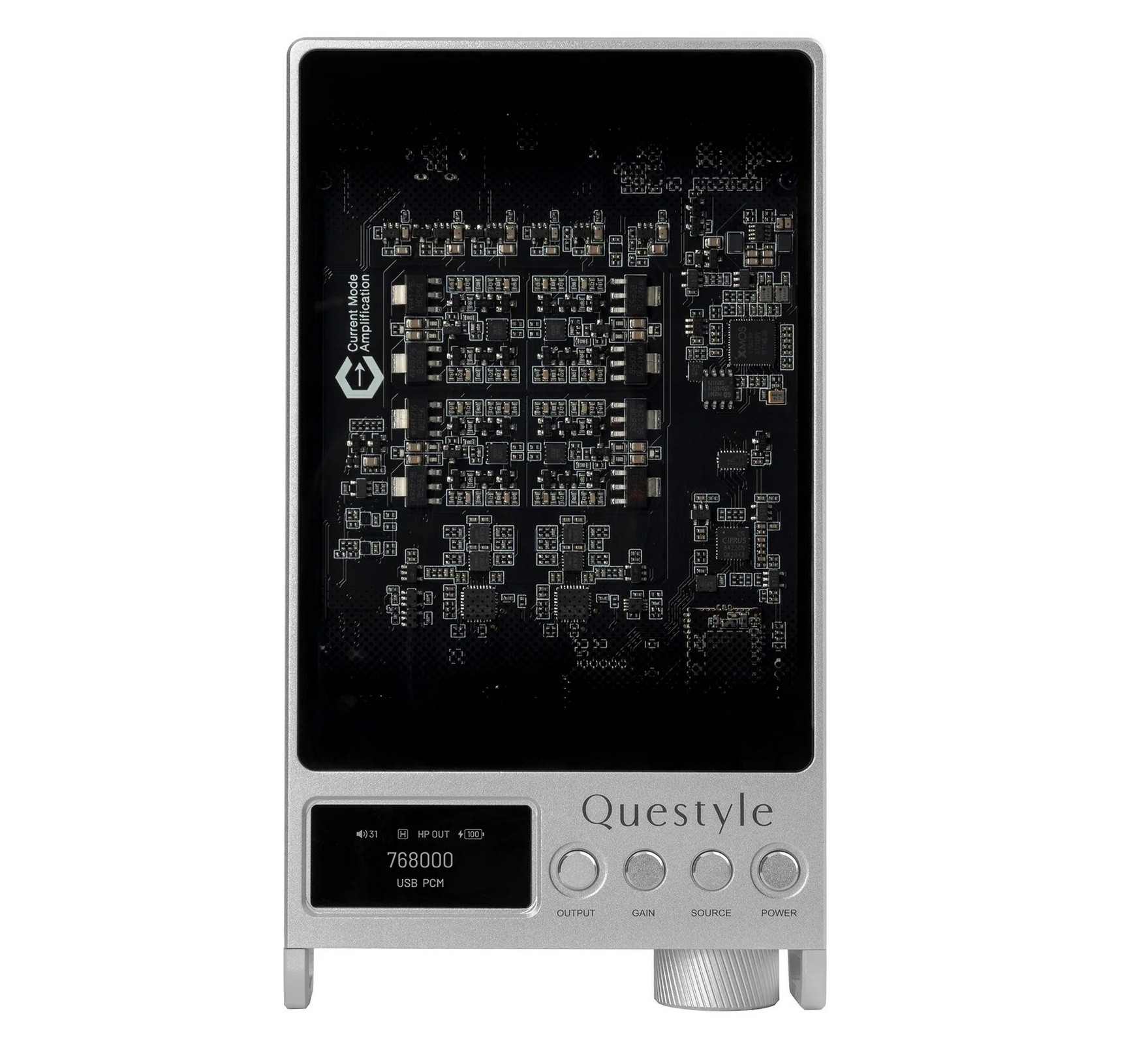 The Sigma Pro's case is crafted from matte sandblasted aluminum, featuring physical controls, including a volume wheel and a display displaying active modes and settings. 