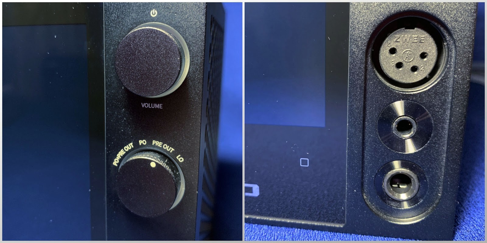 On the front panel, next to the screen, there are two wheels. The first is responsible for turning on the device and adjusting the volume, The second wheel is not pressed, but only rotated and is used to select one of four output operating modes:PO+PRE OUT – simultaneously active headphone outputs and rear speaker outputs. This allows you to listen to music simultaneously through both connections. PO – only headphone outputs are active. PRE OUT – only the speaker outputs are active. LO – only the speaker outputs are active, but with maximum volume (adjustment is possible only through the speakers). In some cases, this option is more convenient.