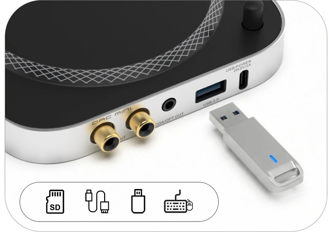  It also features a line-level output and a combined optical and coaxial digital output for integration with external amplifiers or speaker systems.