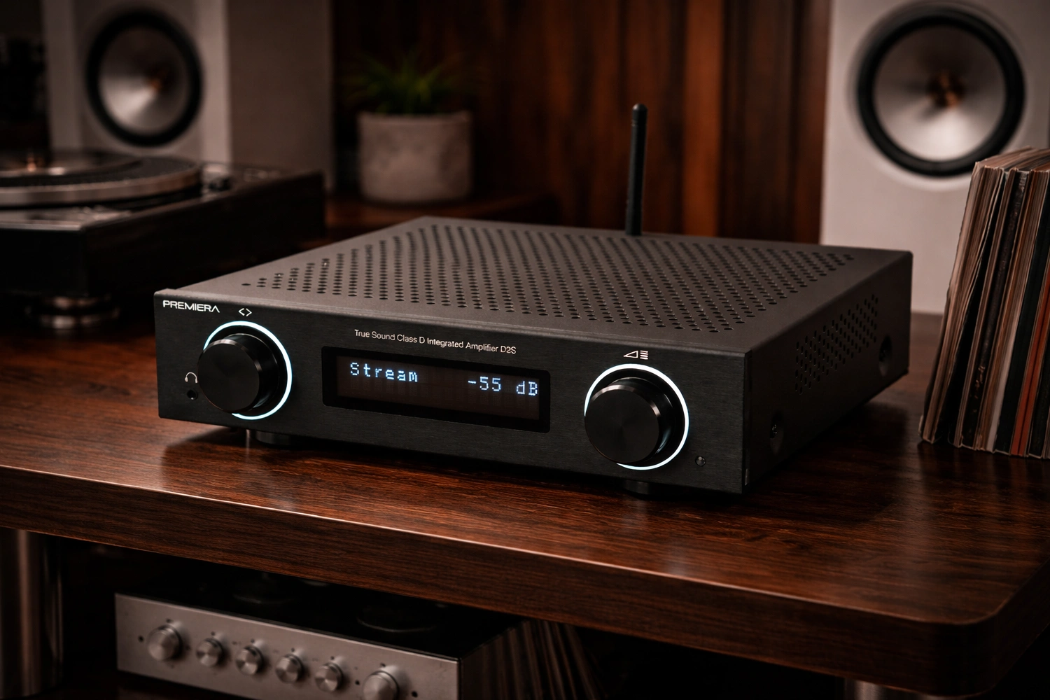 The new Premiera D2S combines streaming, DAC, phono input, and 2 × 168 W Class D amplification in a compact all-in-one hi-fi design.