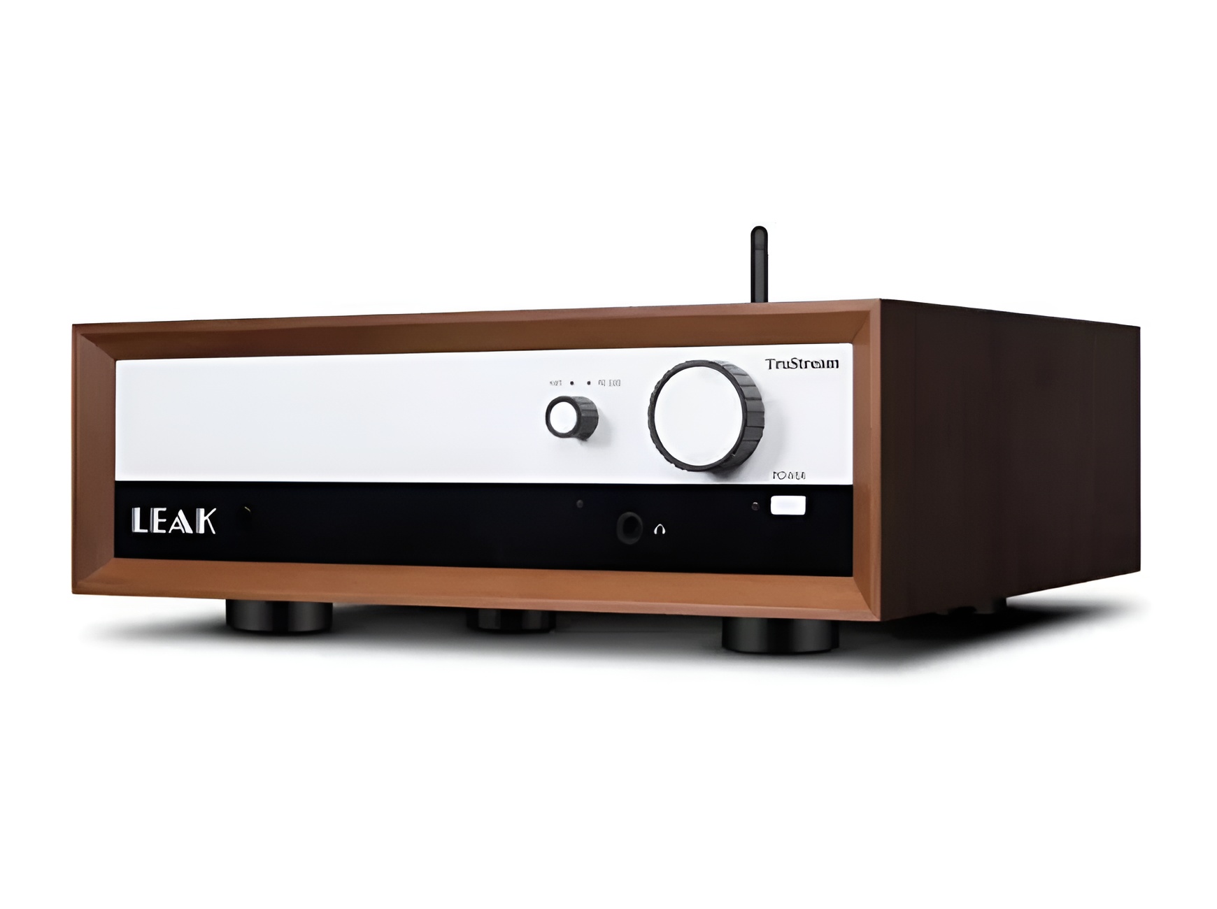 The Leak TruStream combines vintage hi-fi design with modern streaming technology, featuring a walnut cabinet and aluminum chassis.