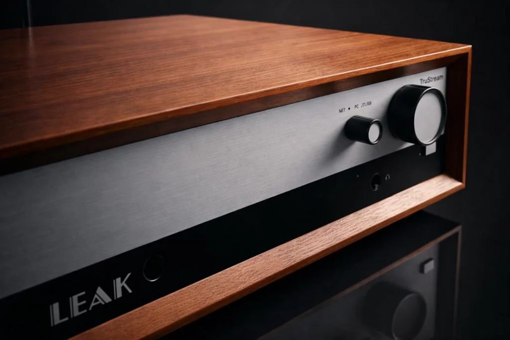 The Leak TruStream is a high-resolution music streamer featuring an ESS ES9038Q2M DAC, Silent Angel streaming platform, support for PCM 32-bit/768 kHz and DSD512, plus TIDAL, Qobuz, Spotify Connect, AirPlay 2 and Roon Ready integration.