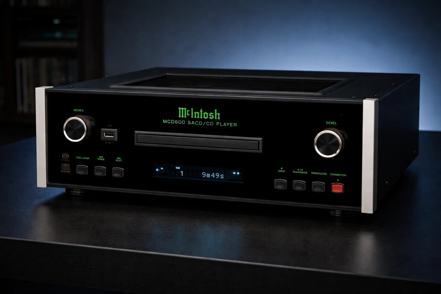 The McIntosh MCD600 SACD player combines a Quad Balanced ESS Sabre32 DAC, native DSD playback, and ultra-low distortion to deliver reference-level CD and SACD performance with McIntosh’s iconic glass and steel design.