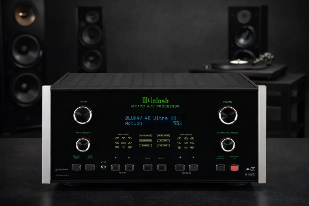 The McIntosh MX170 is a reference-grade 15.2-channel AV processor featuring Dolby Atmos, DTS:X, and Auro-3D decoding, RoomPerfect room calibration, full balanced XLR outputs, and advanced 4K HDR video support—built for uncompromising audiophile home theater performance.