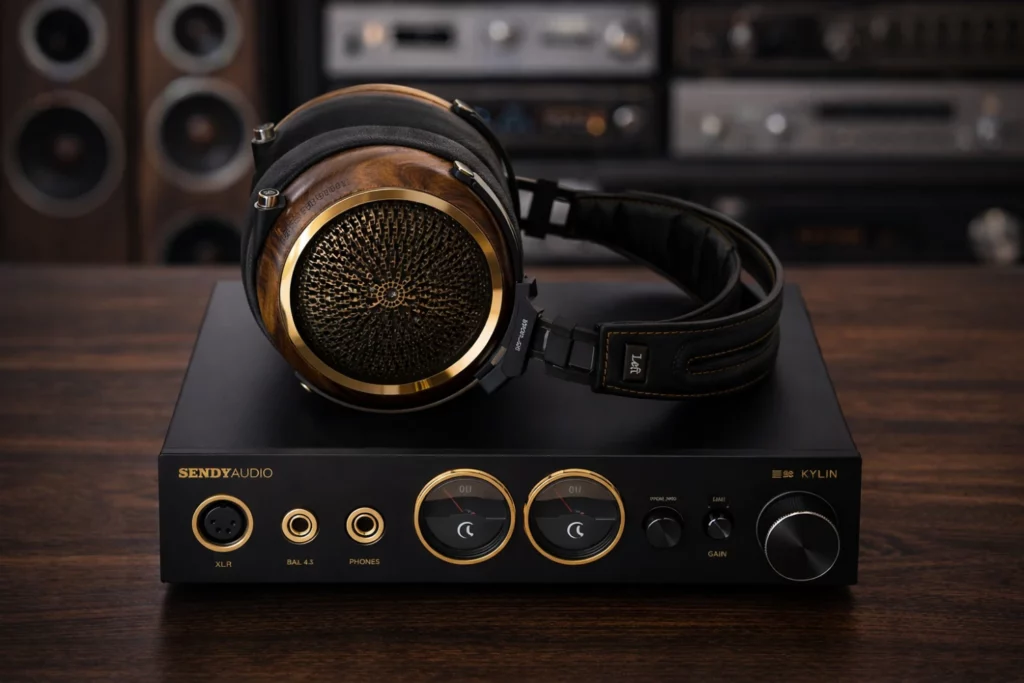 The Sendy Audio Kylin is a high-end desktop DAC and Class A headphone amplifier featuring the ESS ES9038Q2M DAC, XMOS USB interface, native DSD512 support, and balanced 4-pin XLR and 4.4 mm outputs—built to deliver powerful, ultra-detailed sound for demanding audiophile headphones.