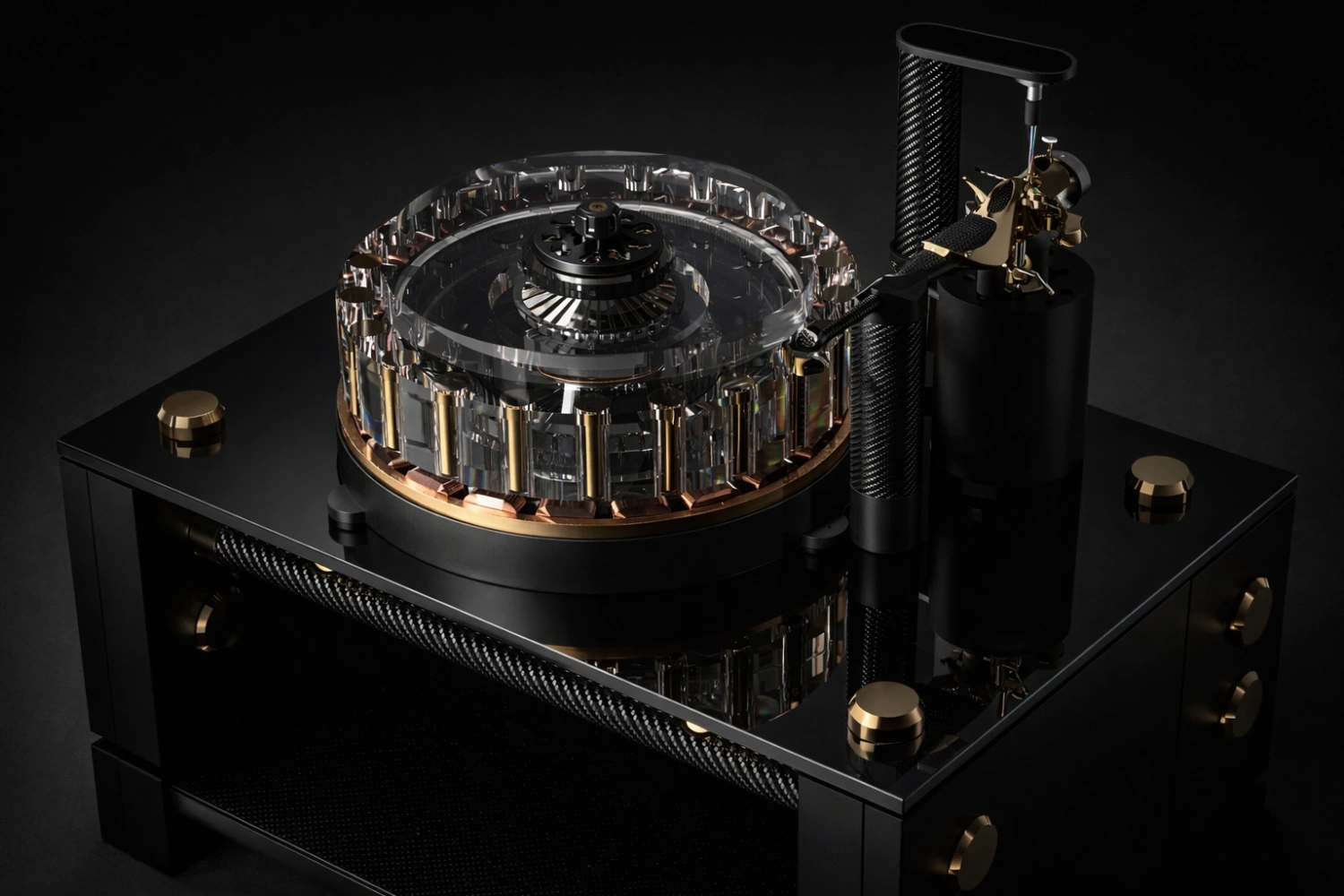 Wilson Benesch showcases the Greenwich turntable within its GMT analog platform. Using the patented Omega Direct Drive motor and Alpha Drive electronics, the design shares core technology with the Prime Meridian and GMT One.